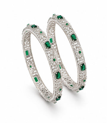 Rega Diamond Filigree Bangles Showcasing Emerald-Cut Green Emeralds