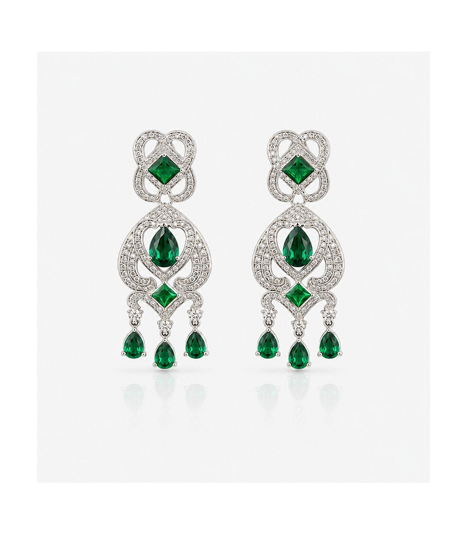 Pair Of Diamon Earrings With Green Gemstones