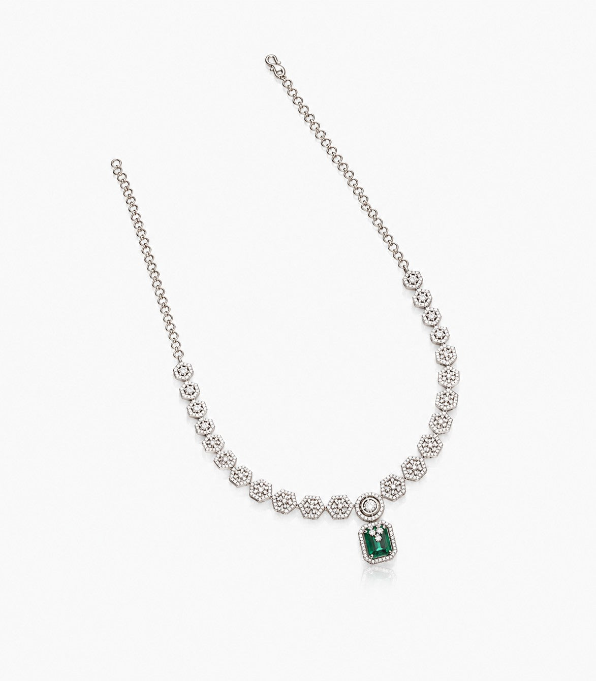 Diamond Necklace With Floral Links And A Green Gemstone Pendant