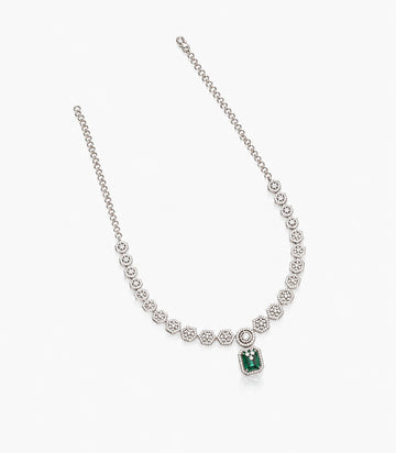 Diamond Necklace With Floral Links And A Green Gemstone Pendant