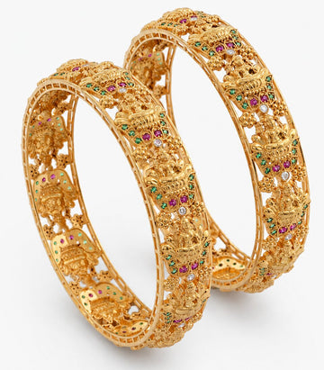 Gold Temple-Style Bangles Featuring Embossed Nakshi Deity