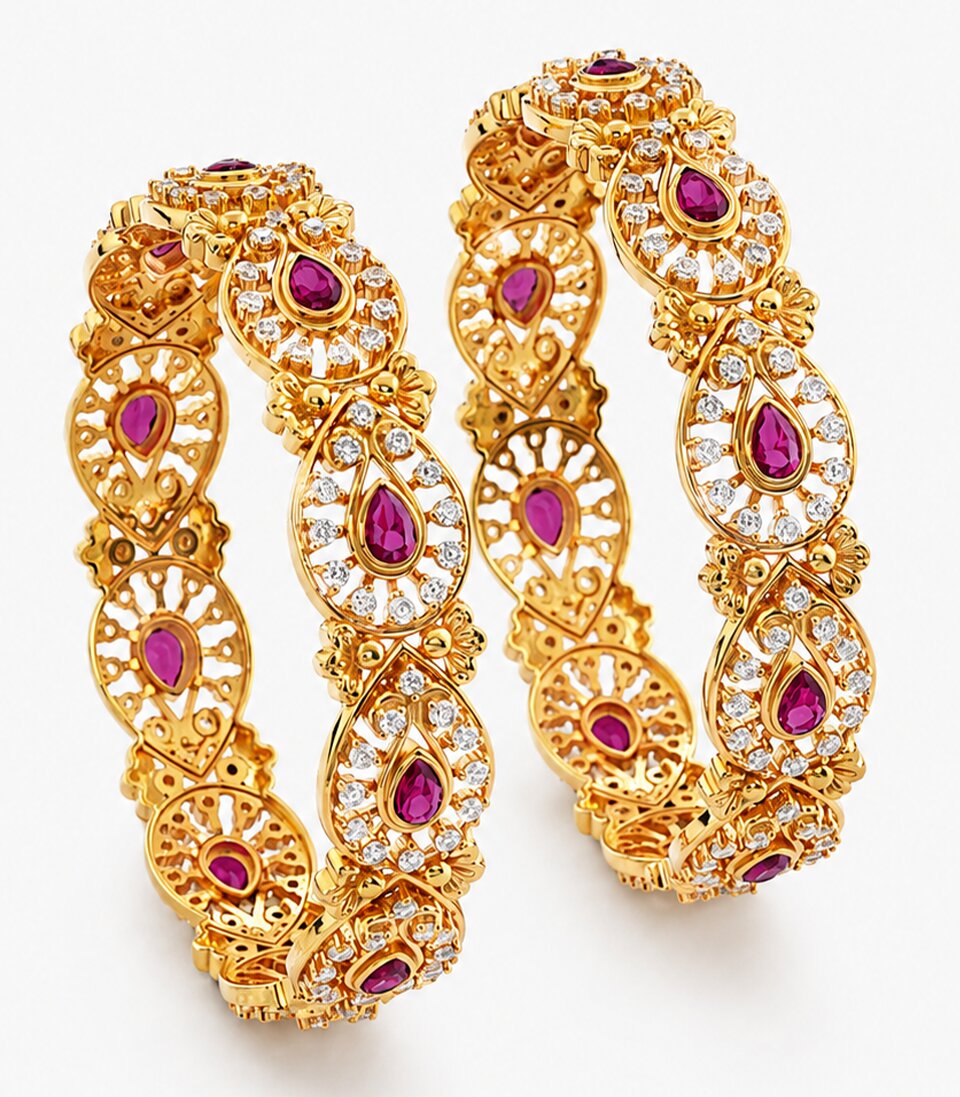 Pair Of Gold And Pink Gemstone Bangles
