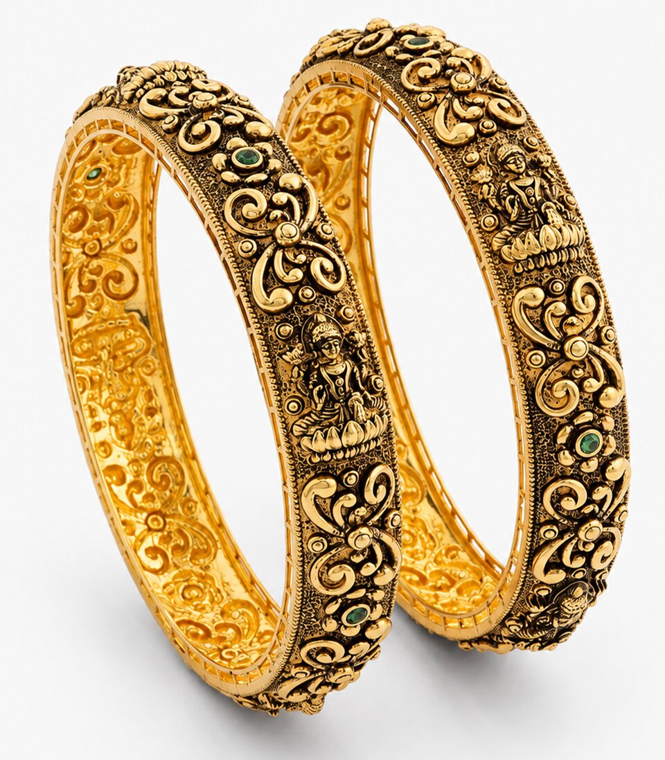 Antique Lakshmi Gold Bangle Adorned With Delicate Small Green Stones And Traditional Temple Design