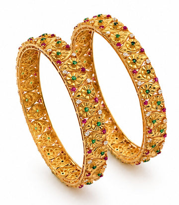 Pair Of Gold Bangles With Three Gemstone Accents