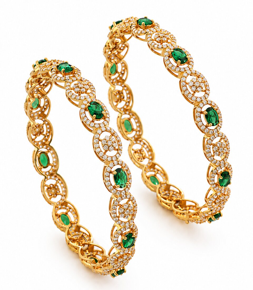 Gold Bangle With White Stones, Green Center Stone, And Circle Design