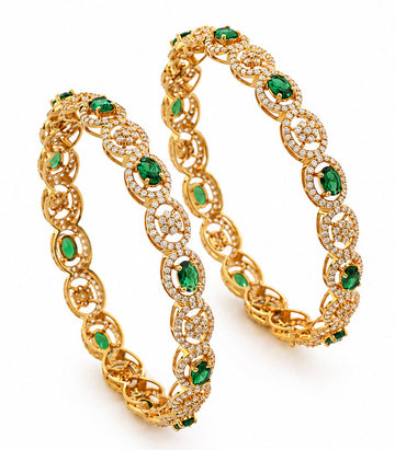 Gold Bangle With White Stones, Green Center Stone, And Circle Design