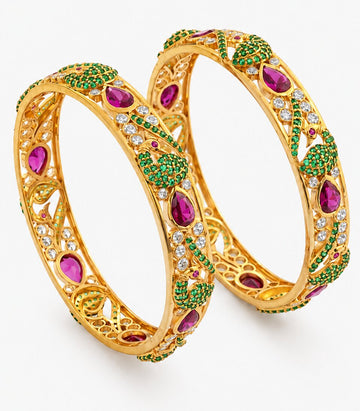 Vibrant Bangles Featuring A Decorative Peacock Design Embellished With Green Stone