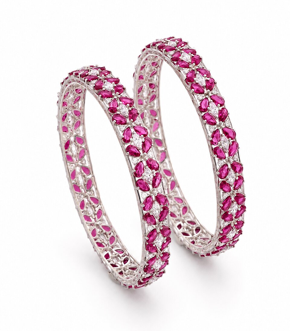 Striking Diamond Bangles Featuring Marquise-Cut Pink Rubies