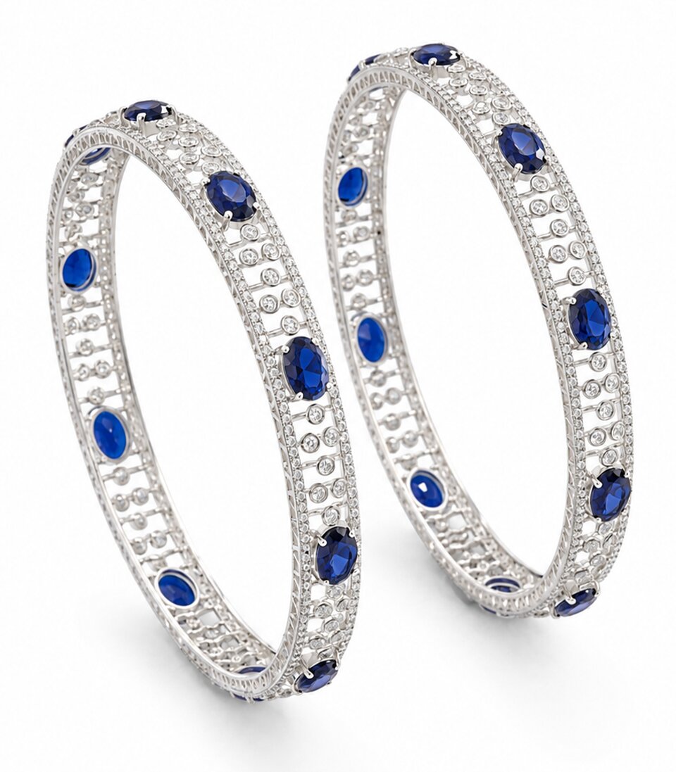 Sophisticated Diamond Filigree bangles Set With Oval-Cut Blue Sapphires