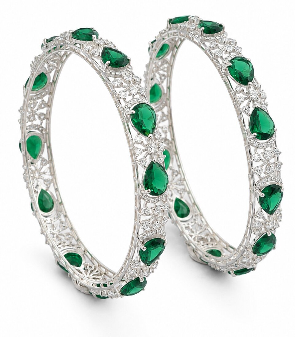 Luxurious Diamond Bangles Emerald-Green Stones And Floral