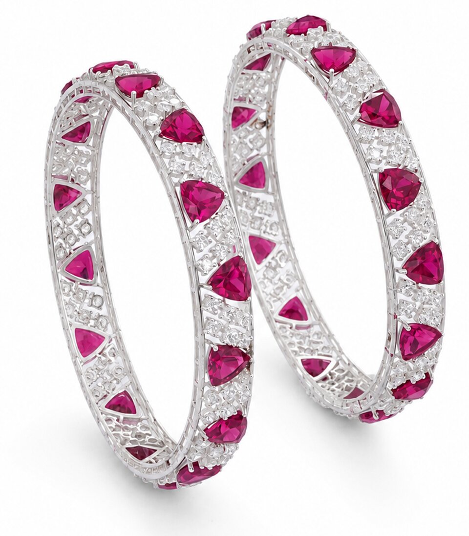 Diamond Bangles Featuring a Continuous Row Of Trillion-Cut Rubies
