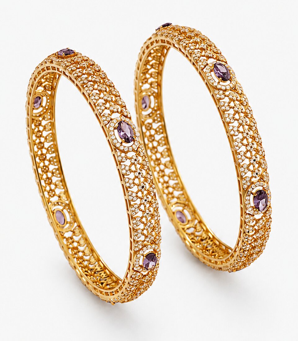 Elegant Pair Of Gold Bangles With White Stones And Circular Stone Design