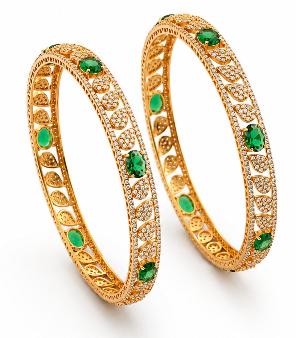 Gold Bangle With Circle White Stones And Green Gemstone
