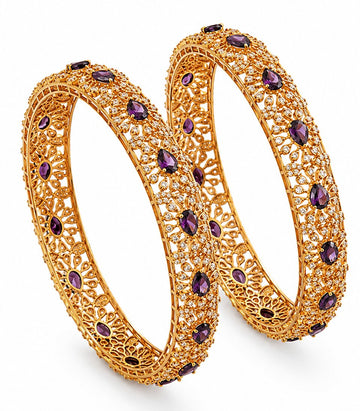 Elegant Pair Of Gold Bangles With Purple And White Stones