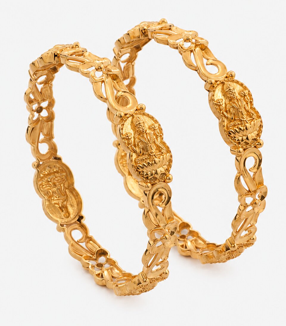 Two Gold Bangles With Lakshmi Intricate Designs