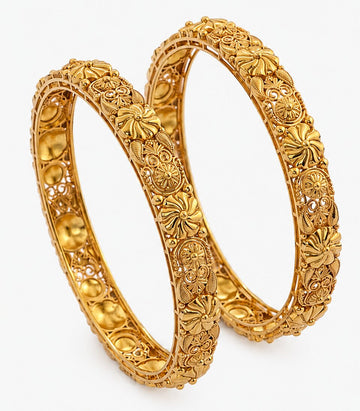 Pair Of Gold Bangles With Floral Intricate Designs