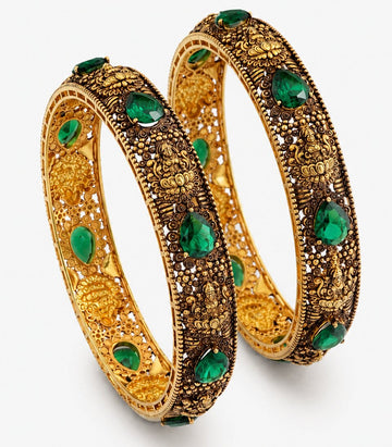 Antique Lakshmi Green Stone Grand Bridal Bangles With Traditional Temple Design