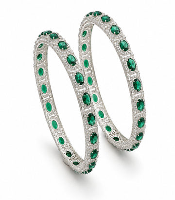 Pair Of Diamond Bangles With Oval Green