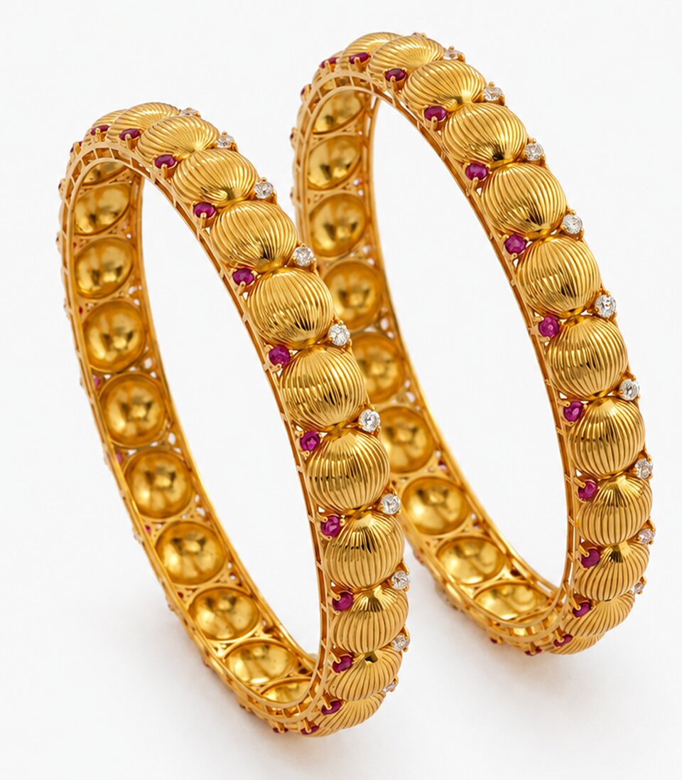 Pair Of Gold Bangles With Small Purple And White Stones