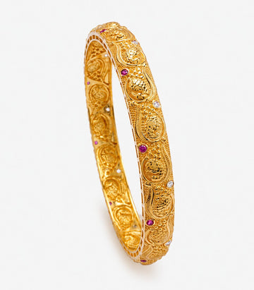 Gold Antique Floral Engraved Slim Bangle