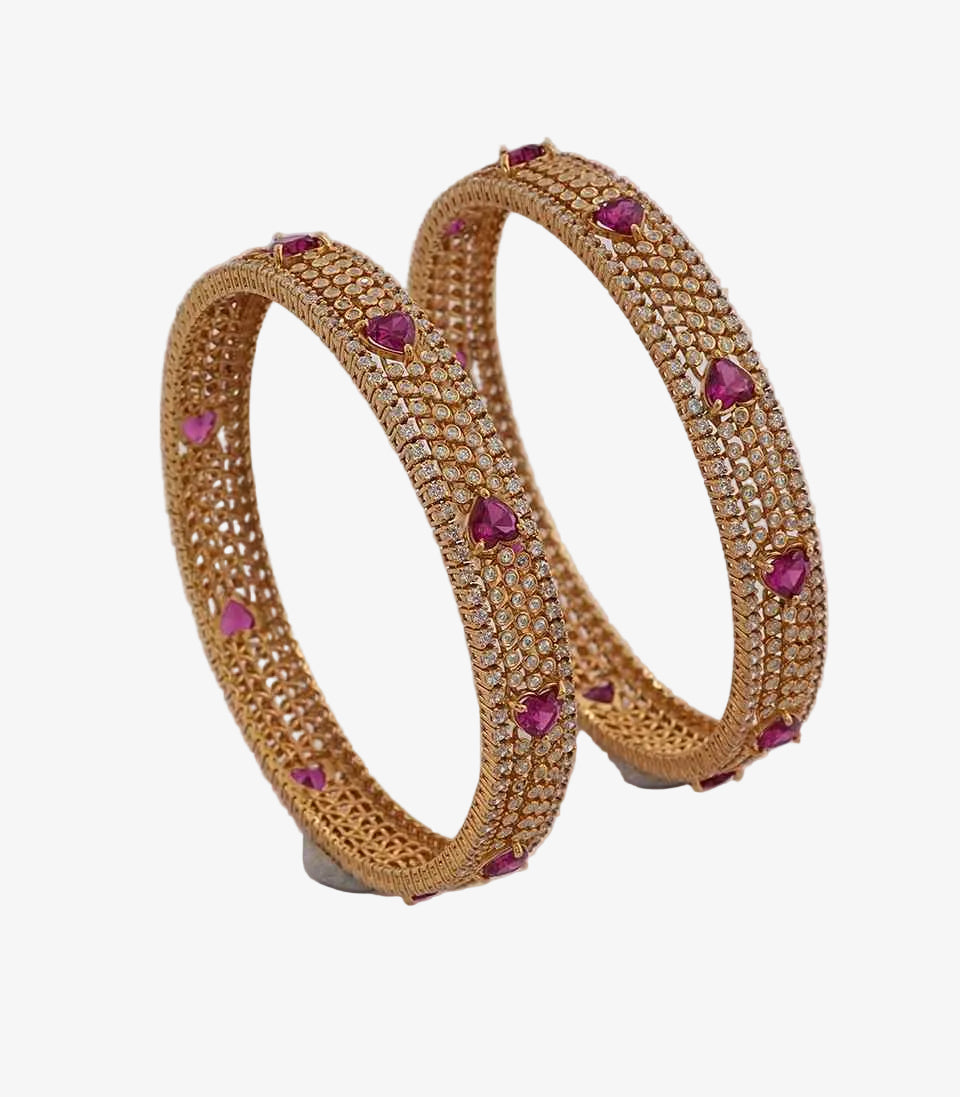 Gold Bangles with White Stone Lattice and Pink Heart Gem Accents