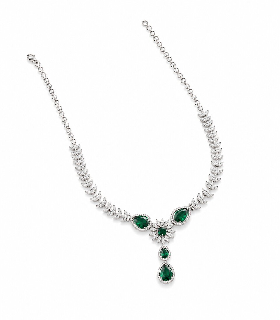 Diamond Leaf Necklace With Green Gemstones