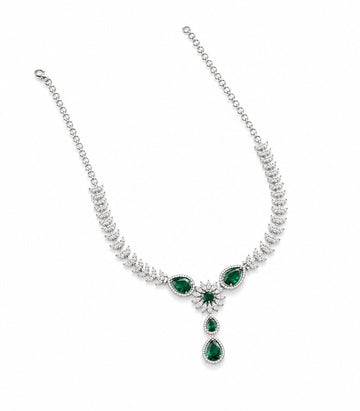 Diamond Leaf Necklace With Green Gemstones