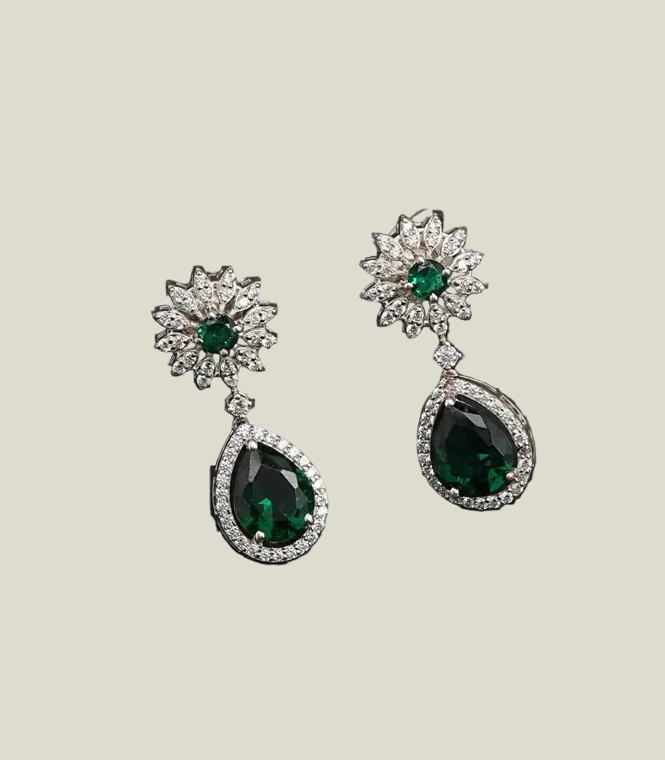 Pair Of Green Emerald And Diamond Earrings