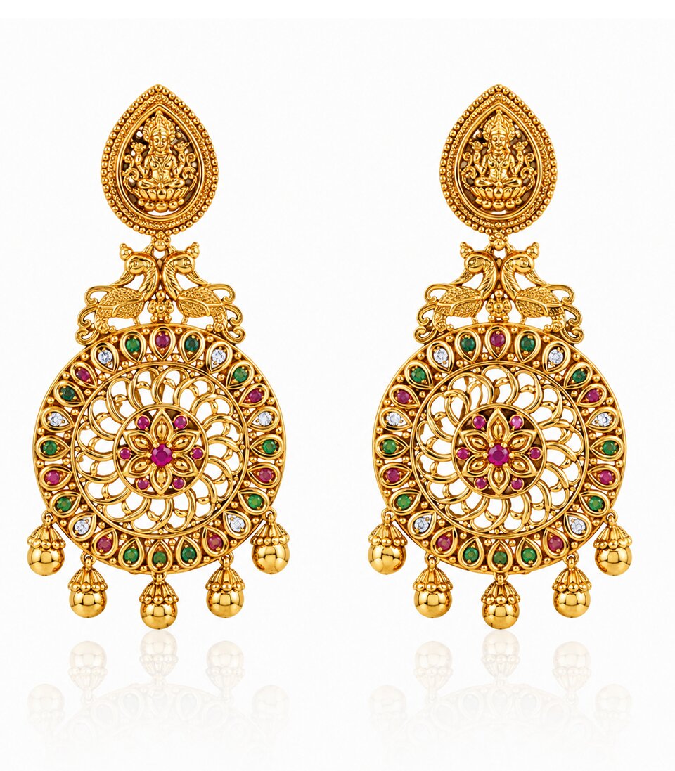 Pair Of Gold Earrings With Intricate Gem Stone & Lakshmi Designs