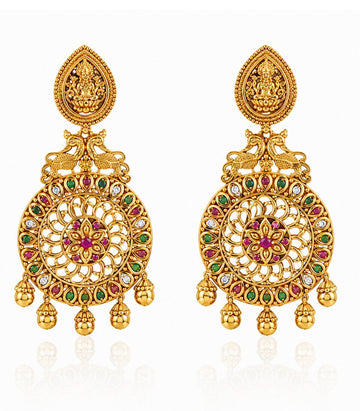 Pair Of Gold Earrings With Intricate Gem Stone & Lakshmi Designs