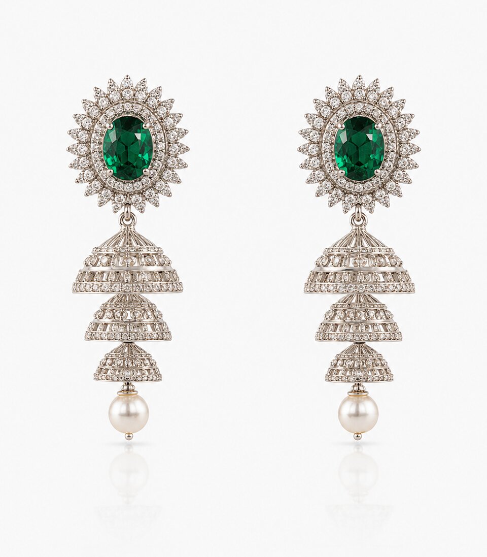 Pair Of Earrings With Green Gemstones And Pearl Drops