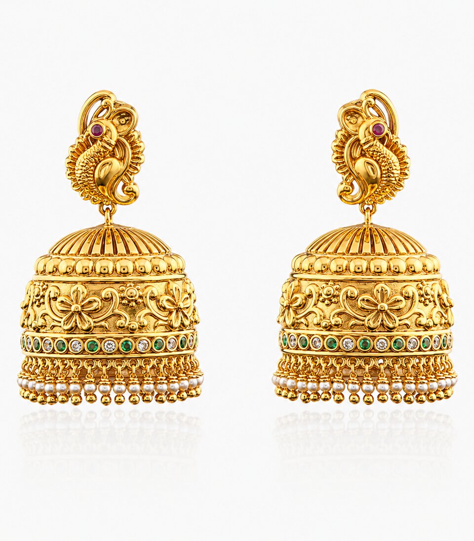 Gold Earrings With Intricate Peacock With Pink And Green Gem Designs