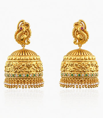 Gold Earrings With Intricate Peacock With Pink And Green Gem Designs