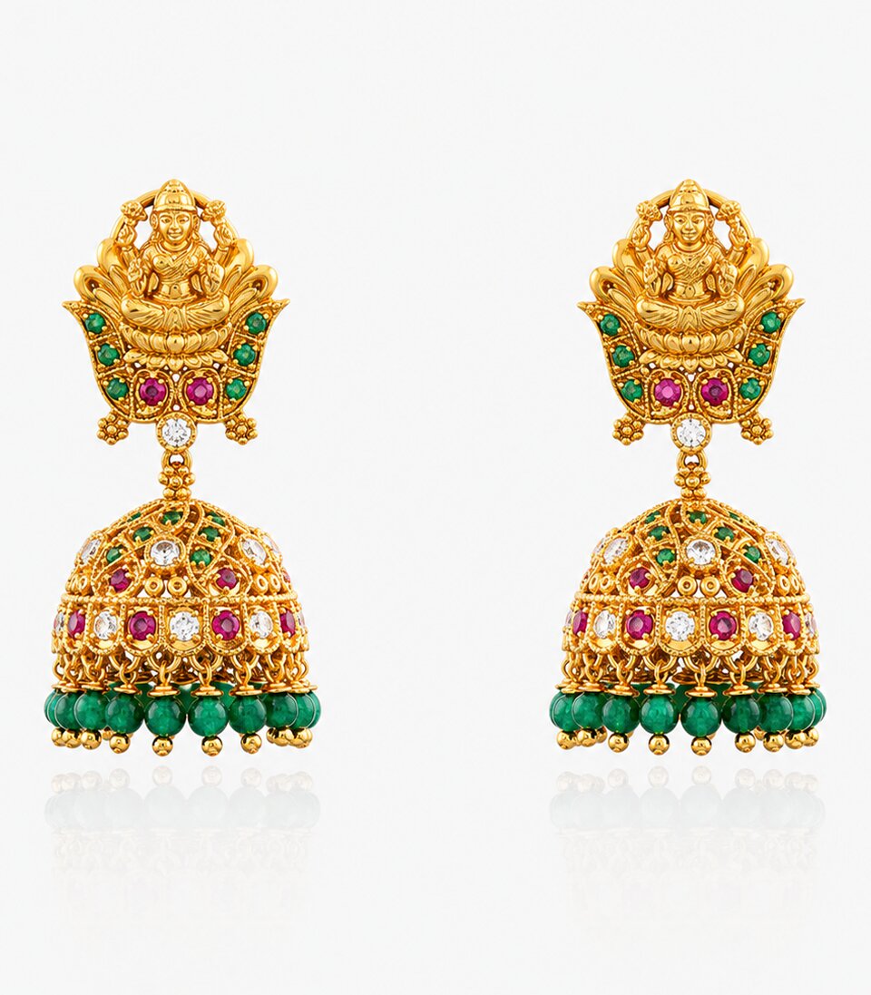 Gold Jhumka Earrings With Green & Pink Gemstones