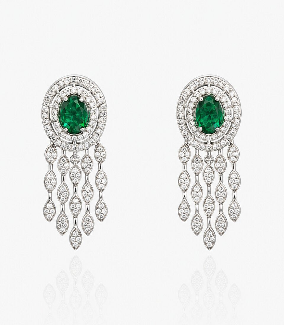 Pair Of Diamond Earrings With Green Gemstones