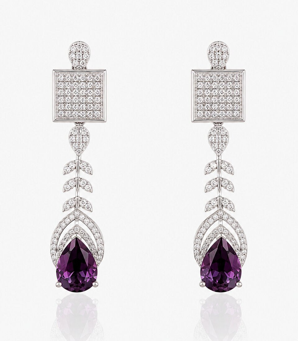 Chic Diamond Earrings Adorned with Lustrous Purple Gemstones