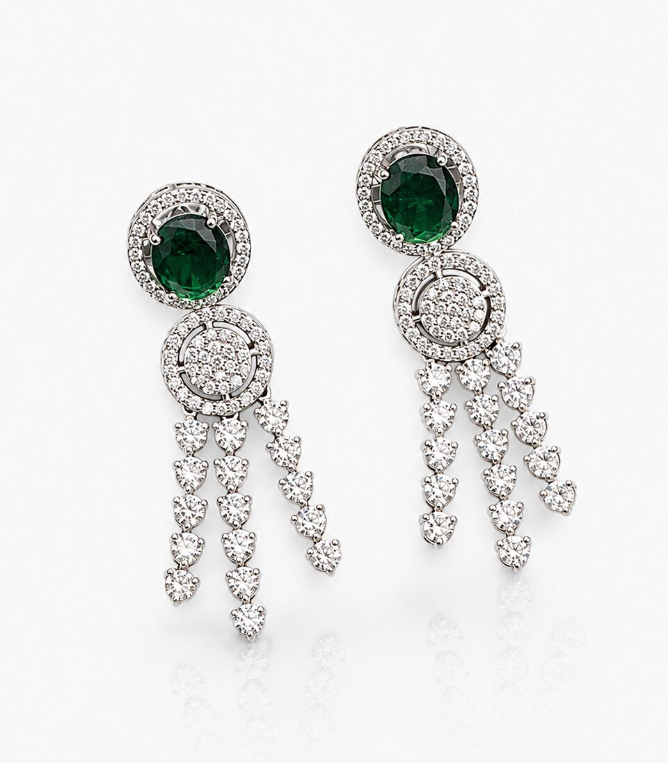 Pair Of Earrings With Green Gemstones And Diamond Stones