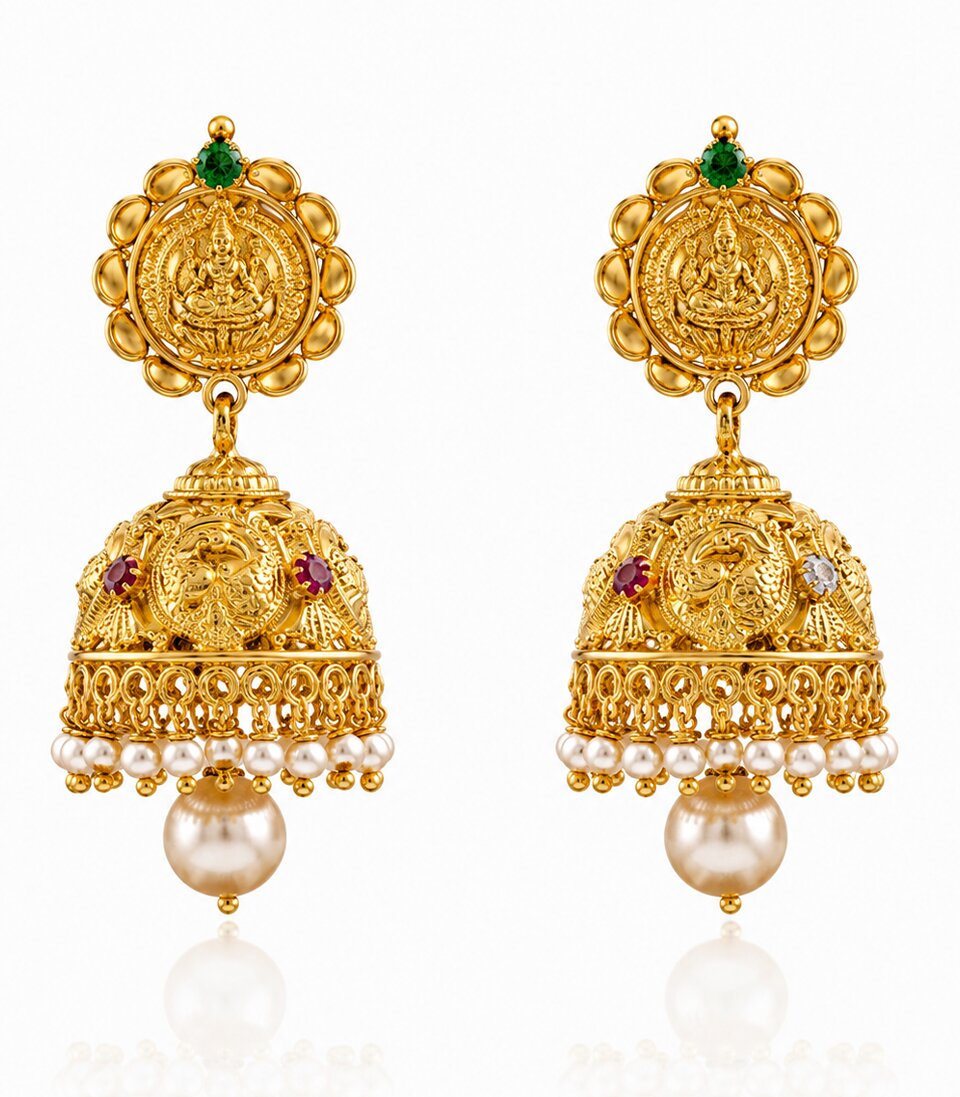 Sacred Lakshmi Motif Earrings Adorned with Lustrous White Pearls