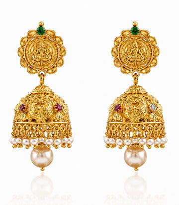 Sacred Lakshmi Motif Earrings Adorned with Lustrous White Pearls