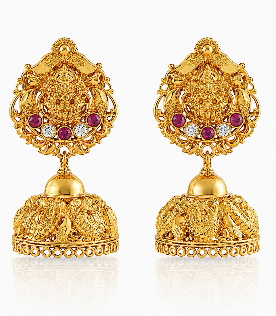 Gold Earrings With Lakshmi Design