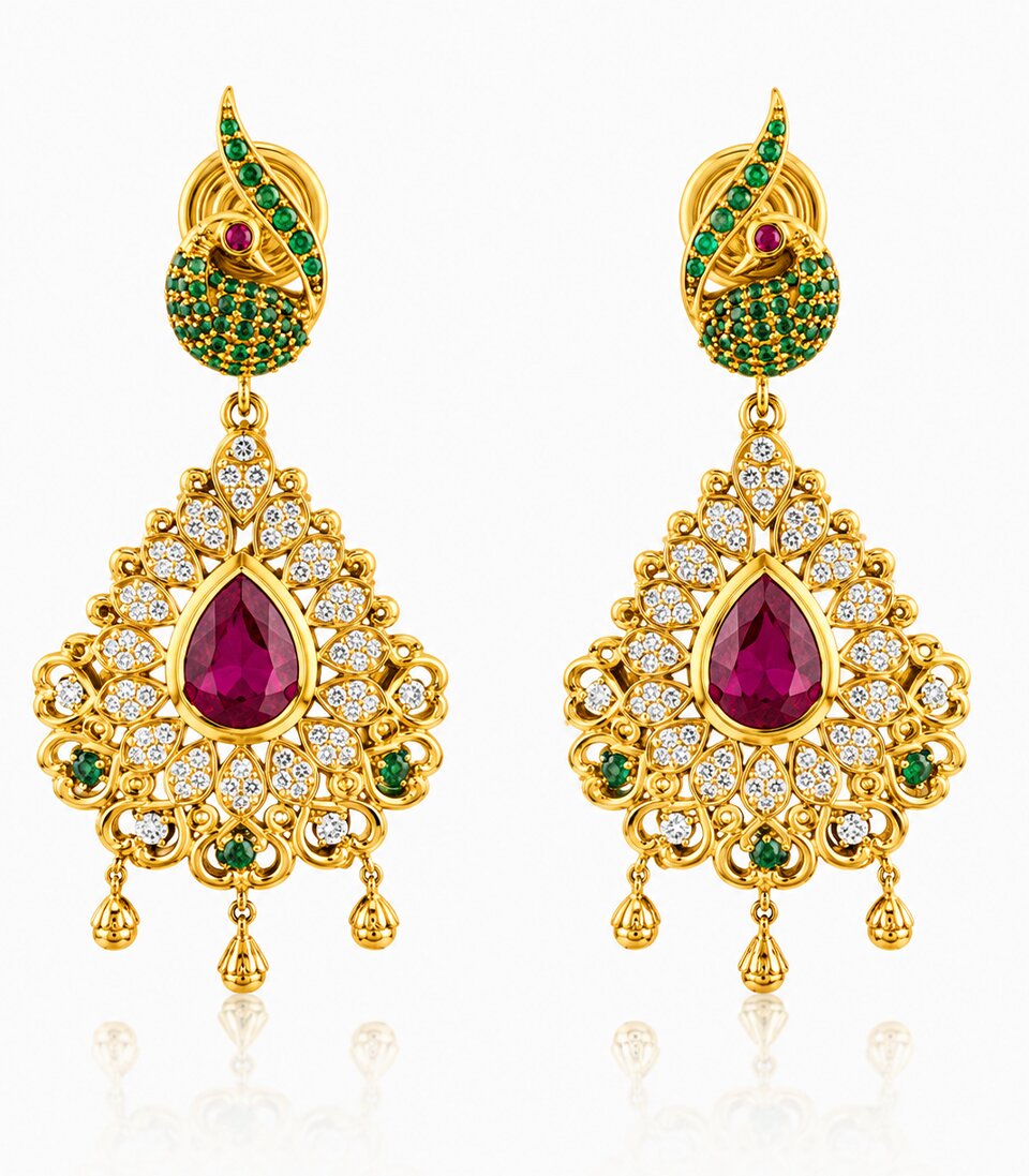 Pair Of Gold Earrings With Peacock Green Gemstones