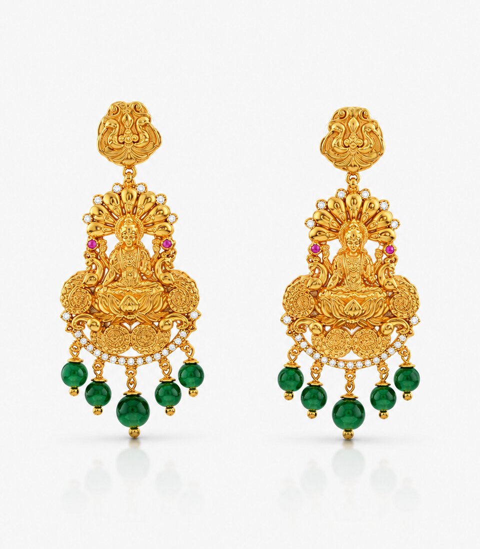 Ornate Gold Earrings With Green Gemstones