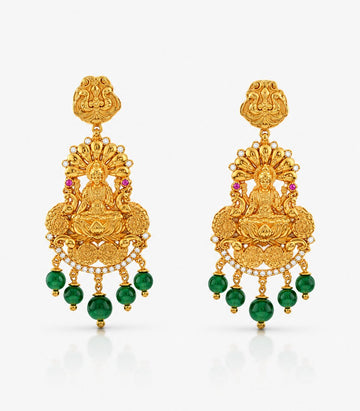 Ornate Gold Earrings With Green Gemstones