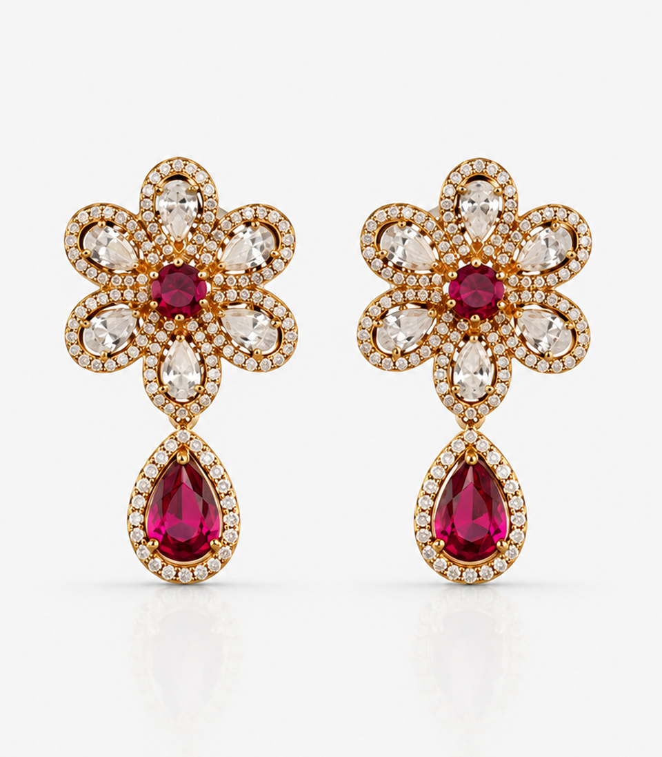Pair Of Flower-Shaped Earrings With Gemstones