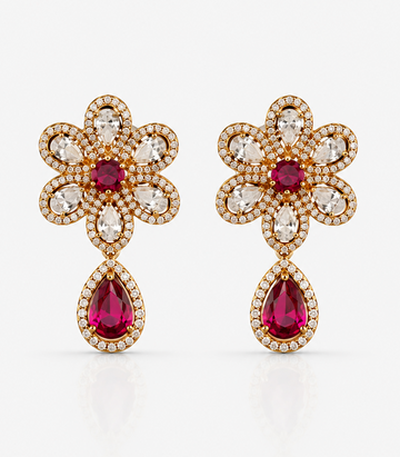 Pair Of Flower-Shaped Earrings With Gemstones