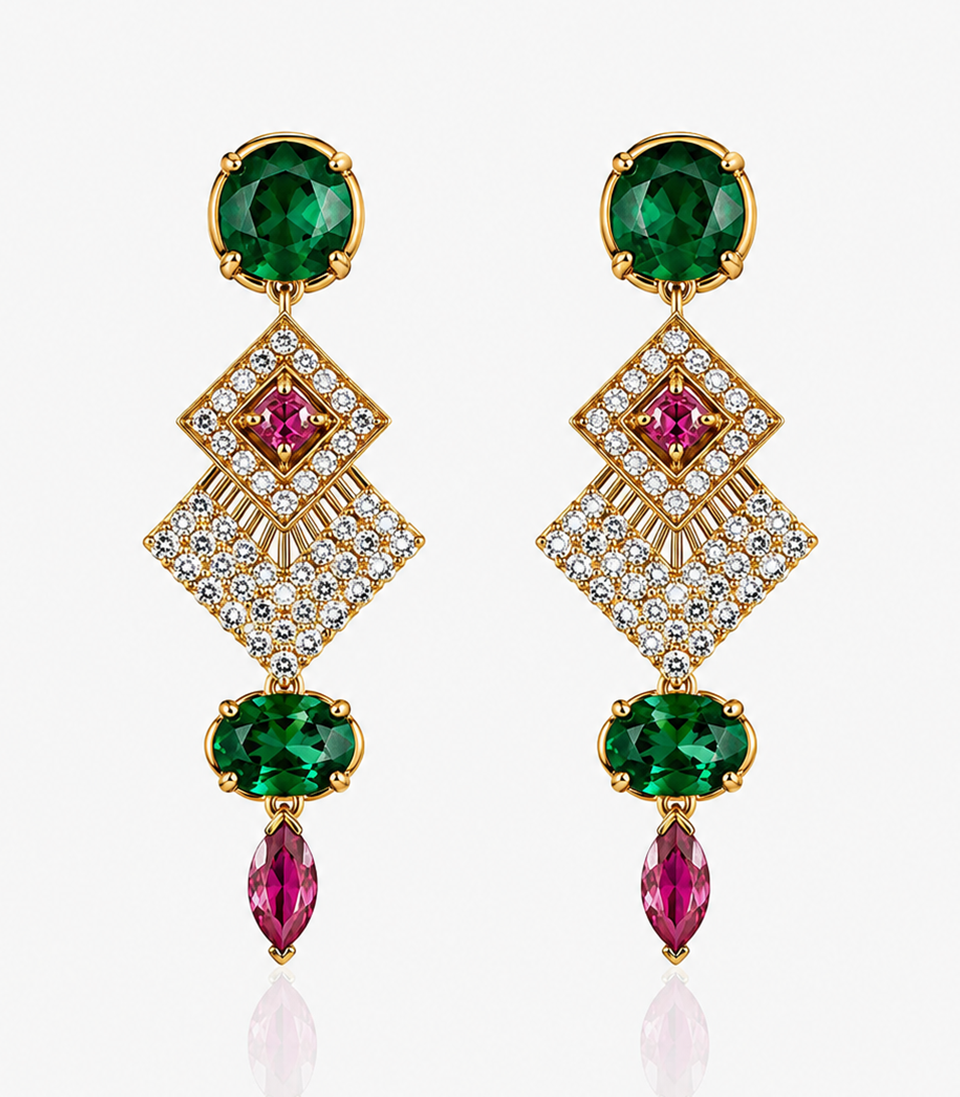 Vibrant Diamond Earrings Featuring Dual Green and Pink Gemstones