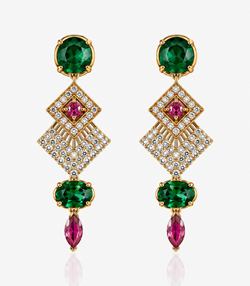 Vibrant Diamond Earrings Featuring Dual Green and Pink Gemstones