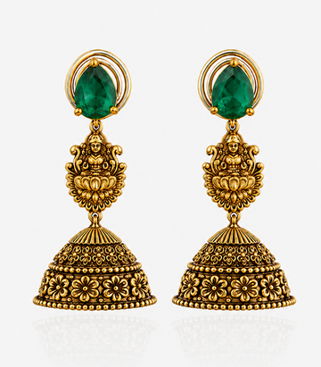 Gold And Green Jhumka Earrings With Lakshmi Design