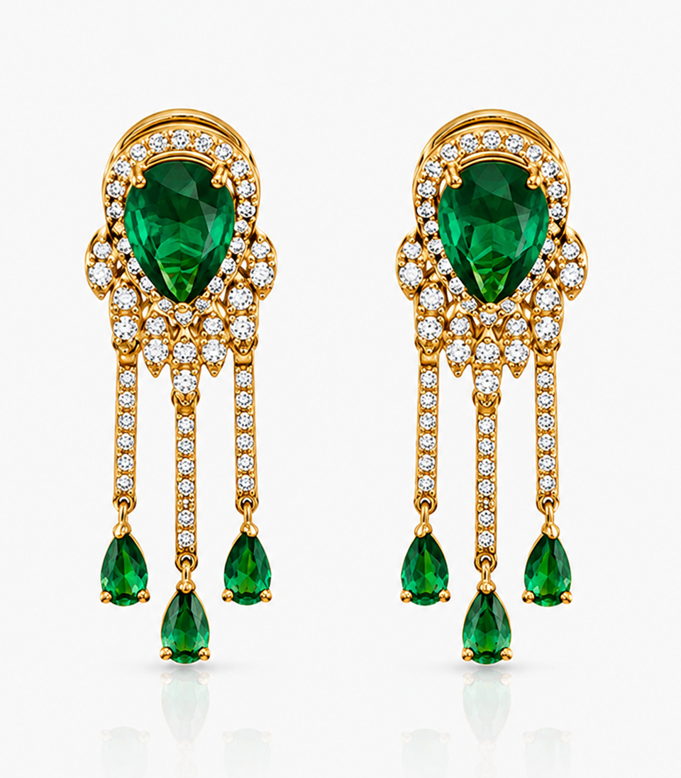 Pair Of Earrings With Green Gemstones And Diamond