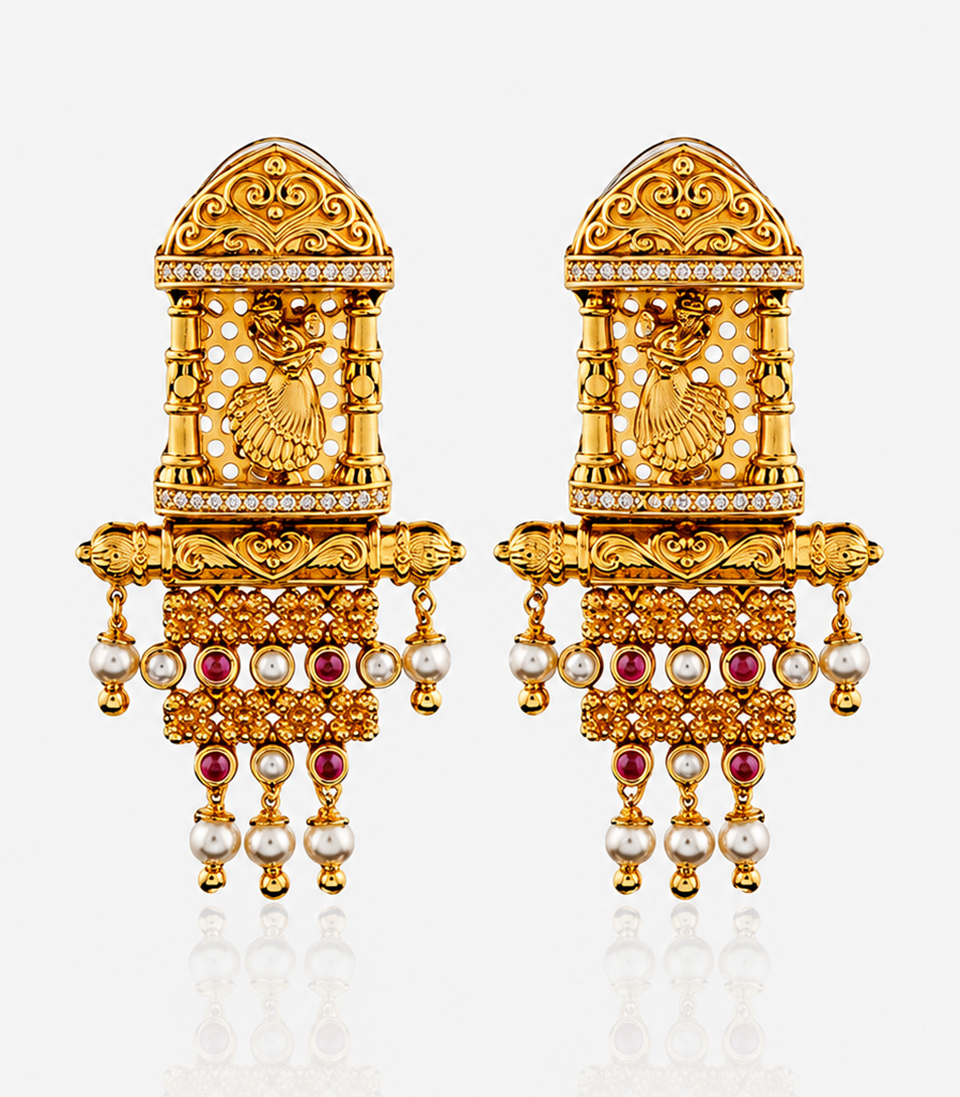 Gold Earrings With Intricate Dancing Girl Designs
